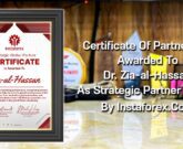 Certificate Of Instaforex Strategic Global Partner From InstaForex.Com Awarded To Dr. Zia-al-Hassan