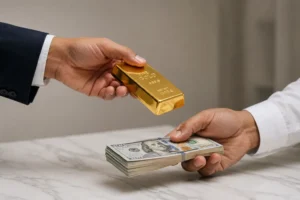 Hands exchanging gold bar and cash representing halal spot trading in Islam