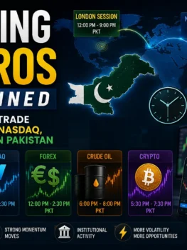 Trading macros in Pakistan showing the best trading times for Gold, Forex, Nasdaq, and Crypto in Pakistan Standard Time (PKT).