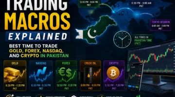 Trading macros in Pakistan showing the best trading times for Gold, Forex, Nasdaq, and Crypto in Pakistan Standard Time (PKT).