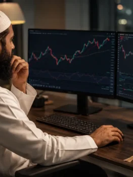 Muslim trader at desk researching which types of trading are halal or haram in Islam