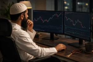 Muslim trader at desk researching which types of trading are halal or haram in Islam