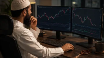Muslim trader at desk researching which types of trading are halal or haram in Islam
