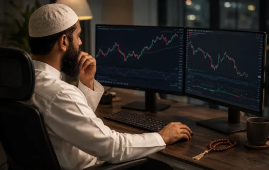 Muslim trader at desk researching which types of trading are halal or haram in Islam
