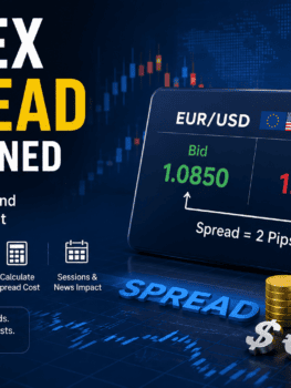 Forex spread explained showing bid price, ask price, and a 2 pip spread example on the EUR/USD currency pair.