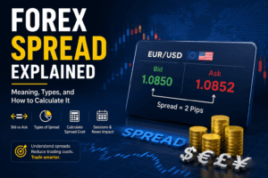Forex spread explained showing bid price, ask price, and a 2 pip spread example on the EUR/USD currency pair.