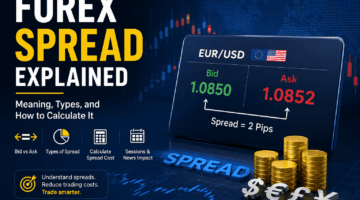 Forex spread explained showing bid price, ask price, and a 2 pip spread example on the EUR/USD currency pair.