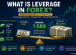 What Is Leverage in Forex infographic showing how 1:500 leverage controls a $50,000 position with $100 margin and highlights leverage risks and risk management.