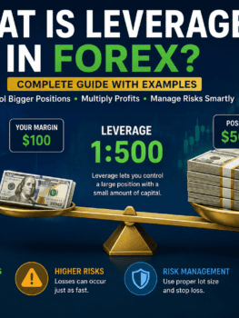 What Is Leverage in Forex infographic showing how 1:500 leverage controls a $50,000 position with $100 margin and highlights leverage risks and risk management.
