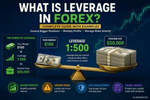 What Is Leverage in Forex infographic showing how 1:500 leverage controls a $50,000 position with $100 margin and highlights leverage risks and risk management.