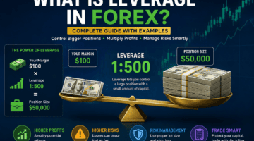 What Is Leverage in Forex infographic showing how 1:500 leverage controls a $50,000 position with $100 margin and highlights leverage risks and risk management.