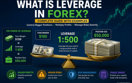 What Is Leverage in Forex infographic showing how 1:500 leverage controls a $50,000 position with $100 margin and highlights leverage risks and risk management.